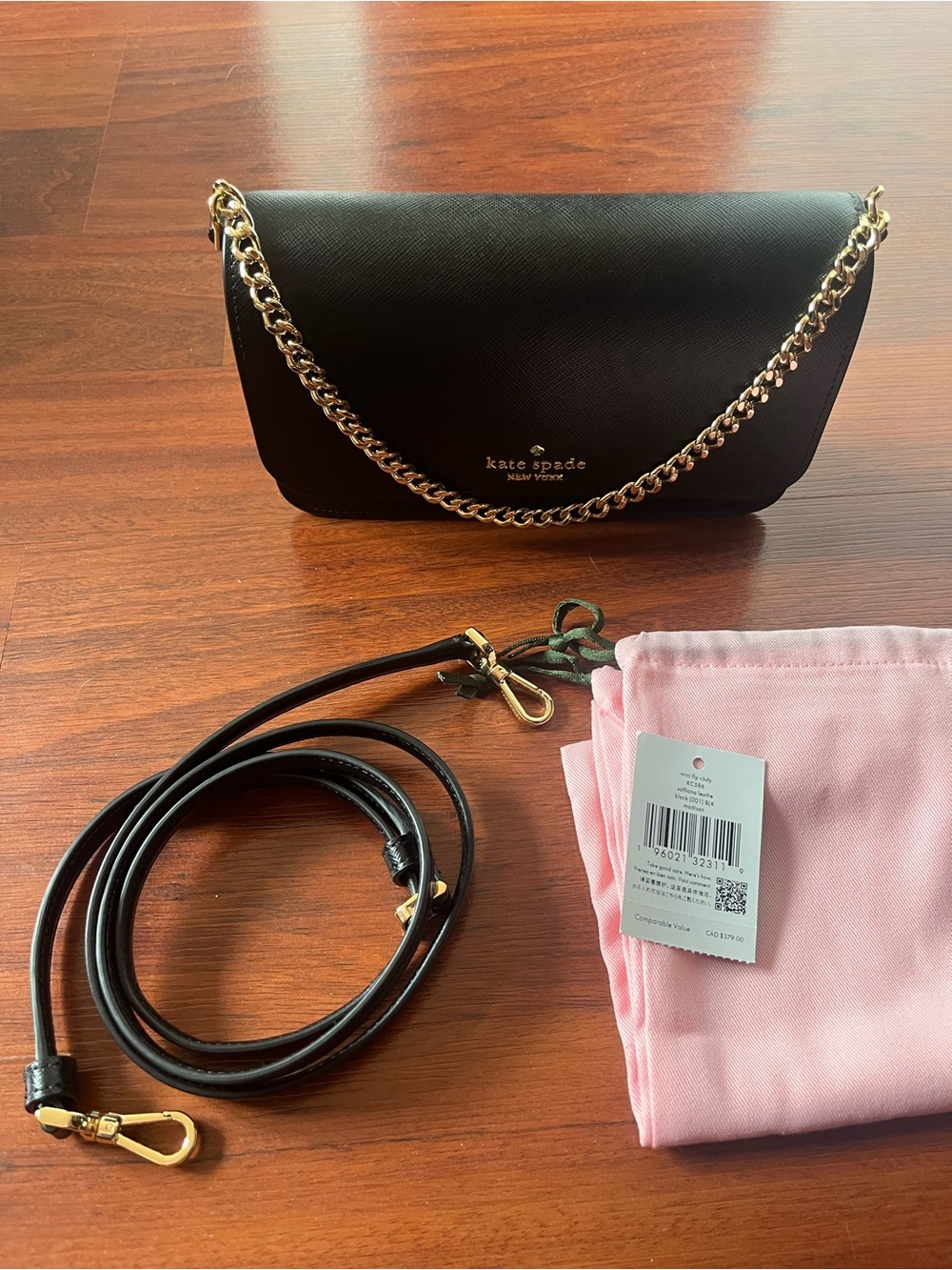 kate spade Black Saffiano Leather Chain Crossbody Bag with Gold Hardware